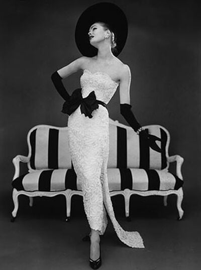 Model in John Cavanagh evening gown