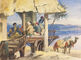 Watercolour depicting Turkish musicians in a coffee-house overlooking the strait of the Bosphorus.