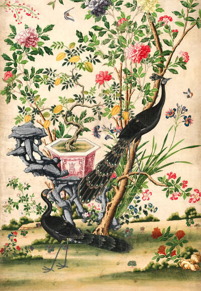 Wallpaper with pair of peacocks and a pot of starfruit