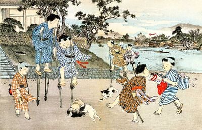 Boys on stilts and hobby-horses