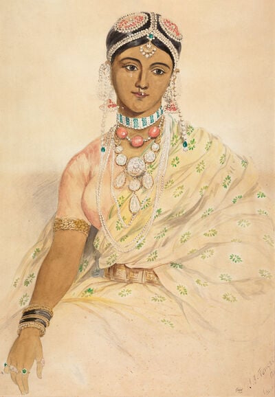 Portrait of a Hindu woman wearing jewellery