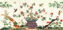 Pair of pheasants around vase and birds in flight feeding on insects