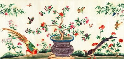 Pair of pheasants around vase and birds in flight feeding on insects