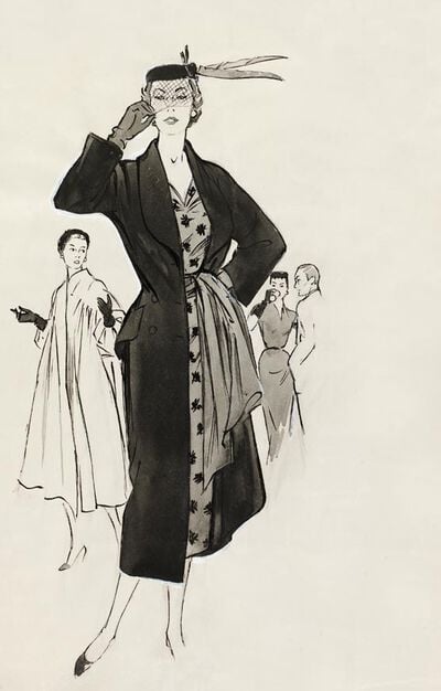 Charles Creed coat and dress ensemble, fashion illustration