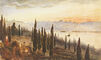 Watercolour featuring a view of the city of Constantinople at sunset with cypresses in the foreground.