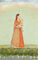 In this tranquil scene, a lady in traditional Indian dress carries a bowl of rose flowers through a flowering meadow by a lily pond.