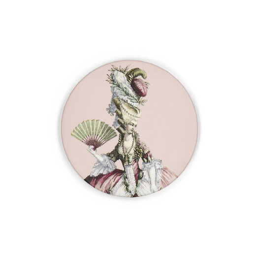 Pink pocket mirror featuring a fashion illustration depicting a court lady holding a fan.