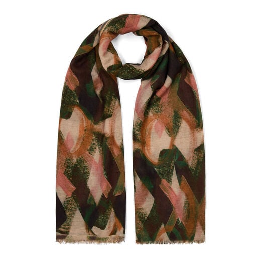 Lightweight wool scarf with abstarct geometrical pattern in pink and green tones