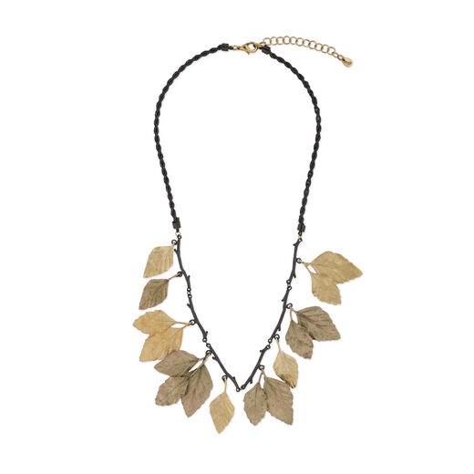 Necklace featuring birch leaves casted in bronze