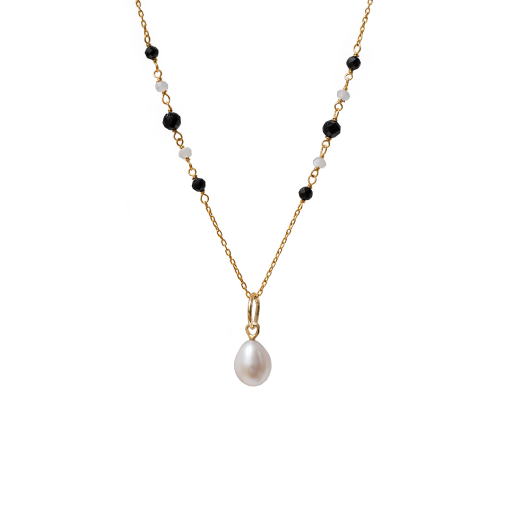 A gold rosary chain necklace with a pearl pendant.