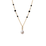 A gold rosary chain necklace with a pearl pendant.