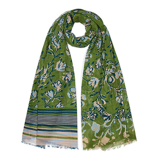 A lightweight cotton scarf with a green and blue floral pattern