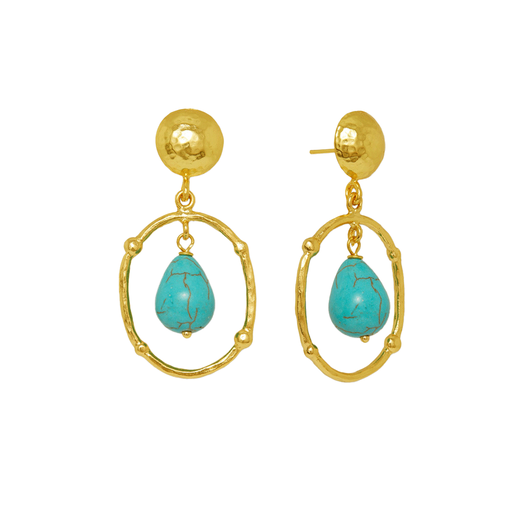 A pair of gold stud earrings featuring turquoise teardrop shaped stones at the centre of a gold loop.