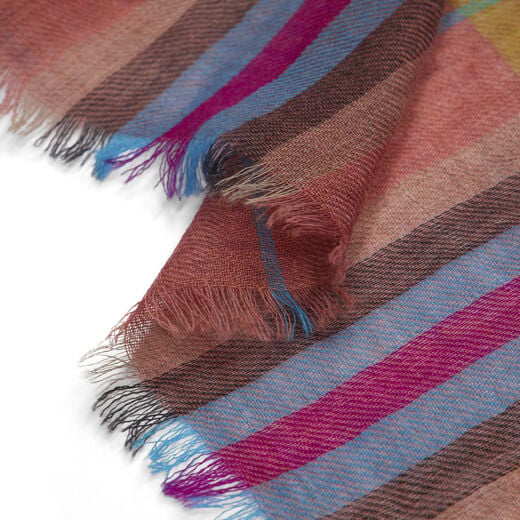Peach and blue checked wool scarf