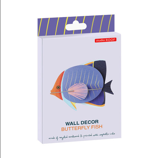 The packaging of a paper wall art in the shape of a purple butterfly fish.