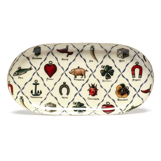 Oval enamel tray embellished with vintage illustrations 