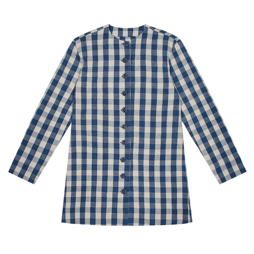 Blue and white check shirt.