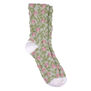 Cotton pastel green socks with pink floral design.