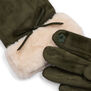A pair of dark green gloves with a faux fur cuff. The close up shows an embroidered flower on the index fingertip.
