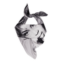 A black and white scarf, rolled up and knotted on white background. A detail of a woman's face is visible among the folds.