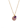 A gold chain necklace with a double round purple amethyst pendant.