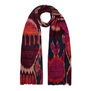 Light wool scarf with ikat pattern in shades of orange pink and purple 