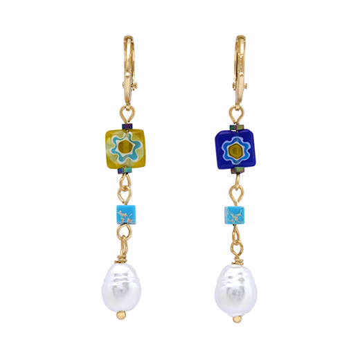 A pair of earrings adorned with blue and yellow Murano glass beads and faux pearls.
