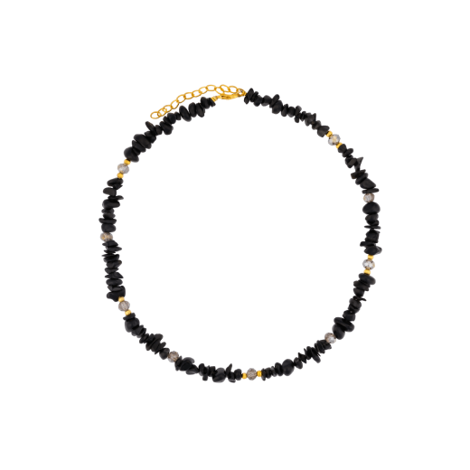 A round necklace with black beads.
