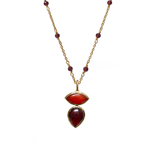 Gold rosary chain necklace with a pendant featuring two orange and purple oval stones.