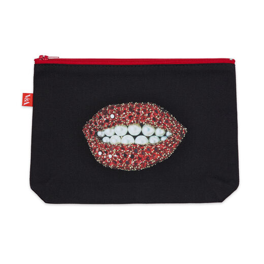 Black cotton zipper pouch featuring a striking print illustrating a ruby lip design from Salvador Dal&iacute;  