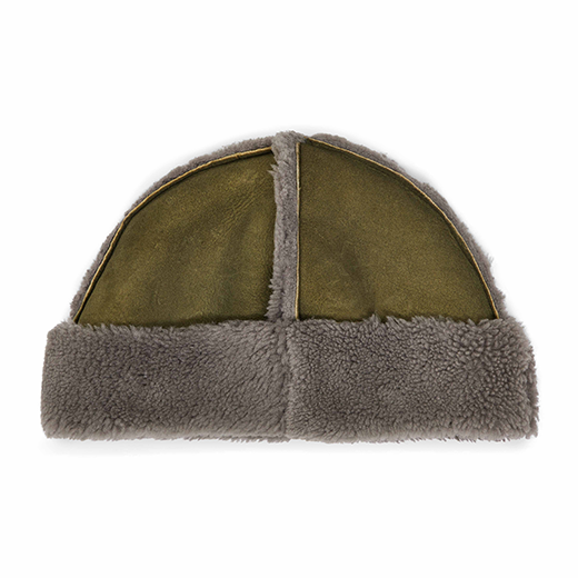 A green winter hat with grey fluffy edges.