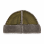A green winter hat with grey fluffy edges.