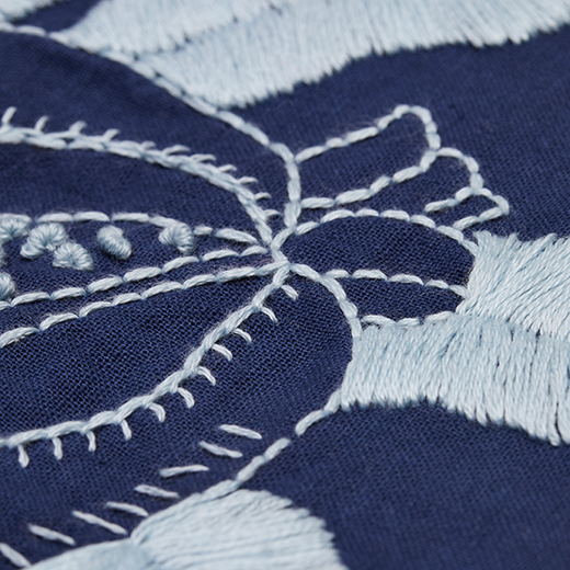 A close up of an embroidery detail on a blue tabe runner.