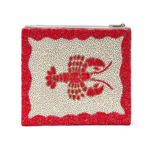 red and white clutch bag adorned with glass beads 