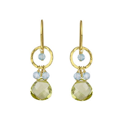 Hammered circle quartz drop earrings by Mounir