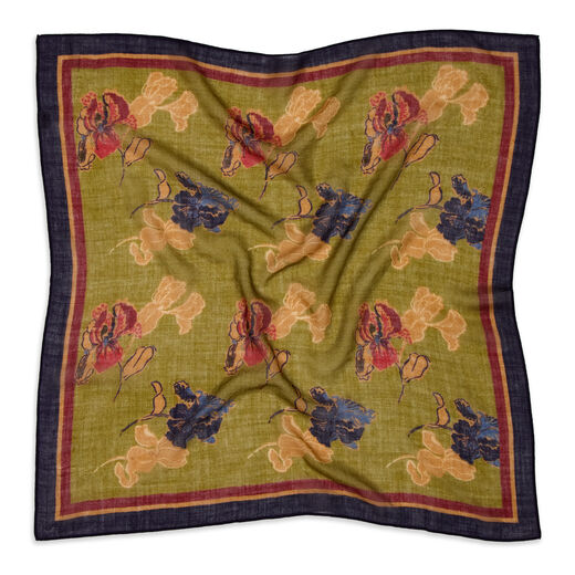 Lightweight green olive wool square scarf with floral pattern 
