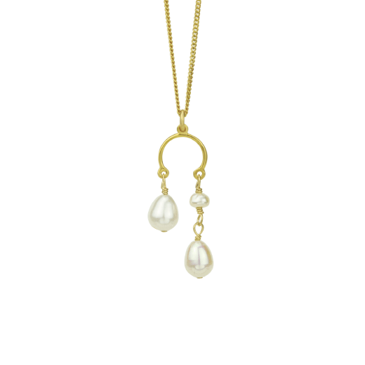 A gold chain necklace with a double white pearls pendant.