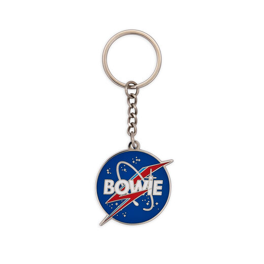 Enamel key ring displaying the Aladdin Sane lightning bolt across a night sky