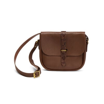 Brown leather oak-embossed saddle bag