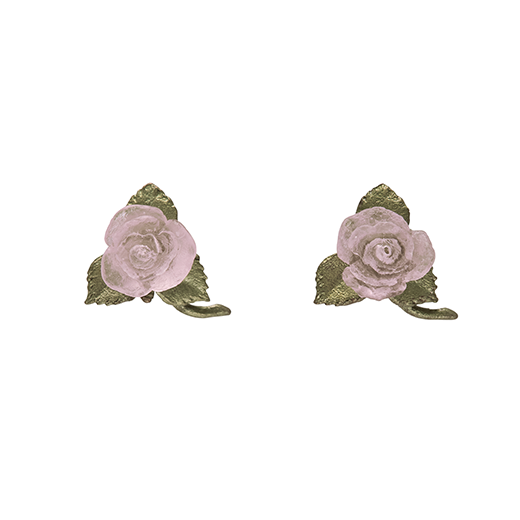 Delicate glass rose stud earrings necklace among hand painted bronze foliage