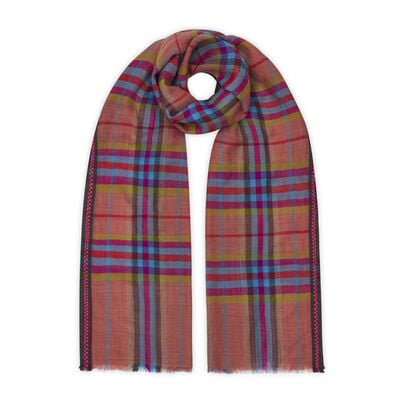 Peach and blue checked wool scarf