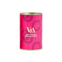 A drum containing chocolate coated honeycomb bites, wrapped in a hot pink paper label with the V&A logo in white capital letters.