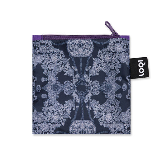 A blue square pouch with a purple zip featuring an ornate illustration of jewellery.