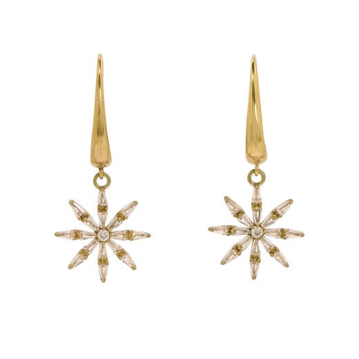Two gold plated earrings featuring crystal star shaped pendants.