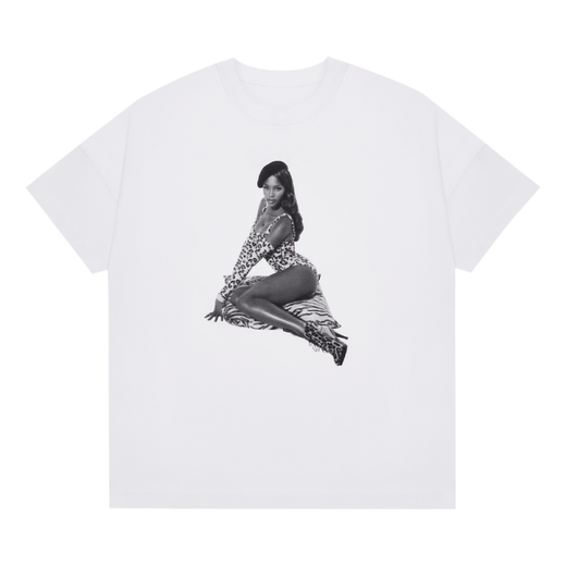 A white t-shirt featuring a black and white photograph of a model in leopard printed outfit.