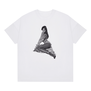 A white t-shirt featuring a black and white photograph of a model in leopard printed outfit.