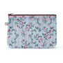 Cotton pouch featuring a pattern of pink flowers and red bows on a pastel blue background.