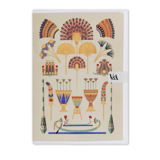 A portrait-oriented rectangular greetings card featuring a colourful array of Egyptian-inspired design motifs illustrated by Owen Jones
