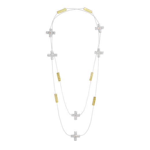Long mixed metal necklace by Kate Trouw