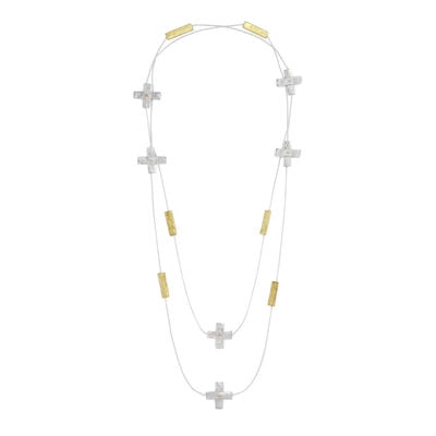 Long mixed metal necklace by Kate Trouw